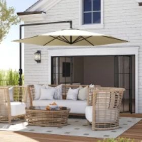 9.5FT Offset Patio Umbrella With Crank, Cross Base, Round Hanging Cantilever Umbrella For Pool, Backyard, Deck, Garden