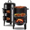 16" 3-Tier Portable Charcoal Smoker Grill with Easy Temperature Control - Black Vertical Grill for Camping, Outdoor Cooking and Backyard Parties