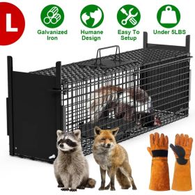 Live Animal Cage Trap For Animals Under Easy To Setup Humane Galvanized Iron Trap Cage For Raccoons Armadillos Groundhogs Muskrats Opossums Skunks (Option: LBlackWithGlove)