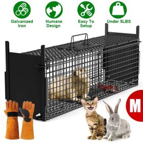 Live Animal Cage Trap For Animals Under Easy To Setup Humane Galvanized Iron Trap Cage For Raccoons Armadillos Groundhogs Muskrats Opossums Skunks (Option: MBlackWithGlove)