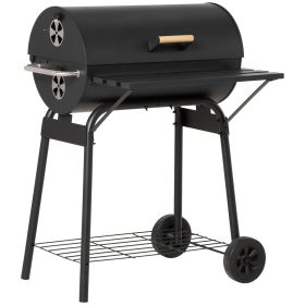 Outsunny 30" Portable Barrel Charcoal BBQ Grill, Steel Outdoor Barbecue Smoker with Storage Shelf, Wheels for Garden Camping Picnic, Black (Color: AS PIC)