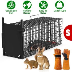 Live Animal Cage Trap For Animals Under Easy To Setup Humane Galvanized Iron Trap Cage For Raccoons Armadillos Groundhogs Muskrats Opossums Skunks (Option: SBlackWithGlove)